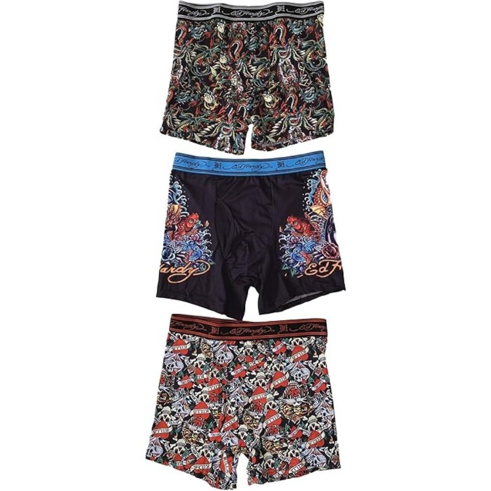 UNDERWEAR ED Hardy Men's 3-Pack Signature Print Multicolor Boxer Briefs (Small,